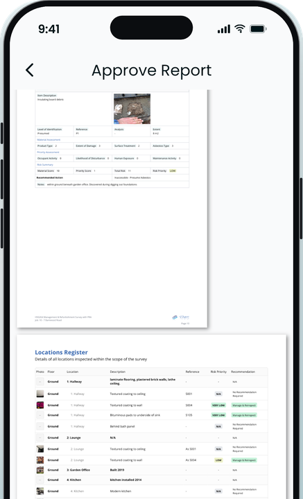 Approve report screen: the finished PDF with the locations register