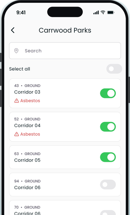 Desktop study screen: list of locations with toggles to include them in scope