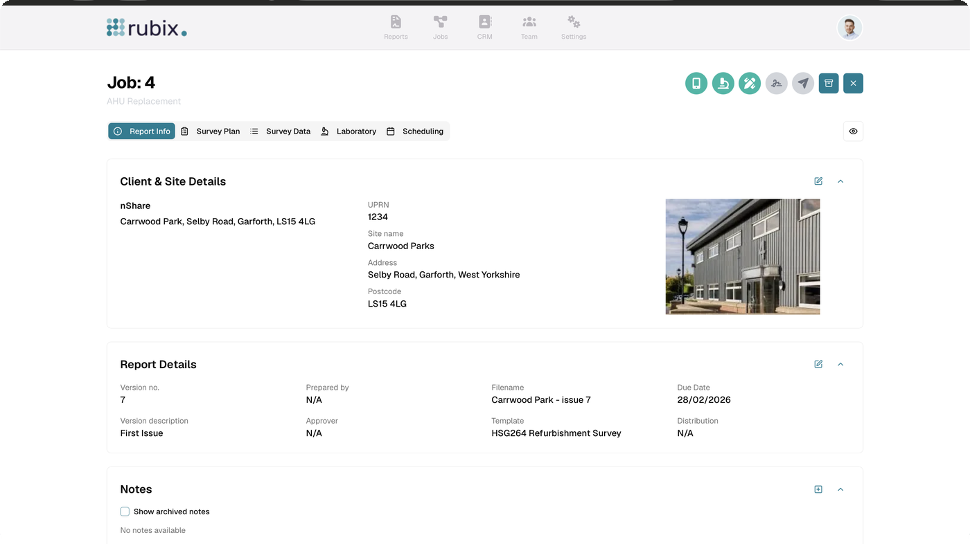 Job page in the web portal: client and site details, report details and notes, with tabs for report info, survey plan, survey data, laboratory and scheduling