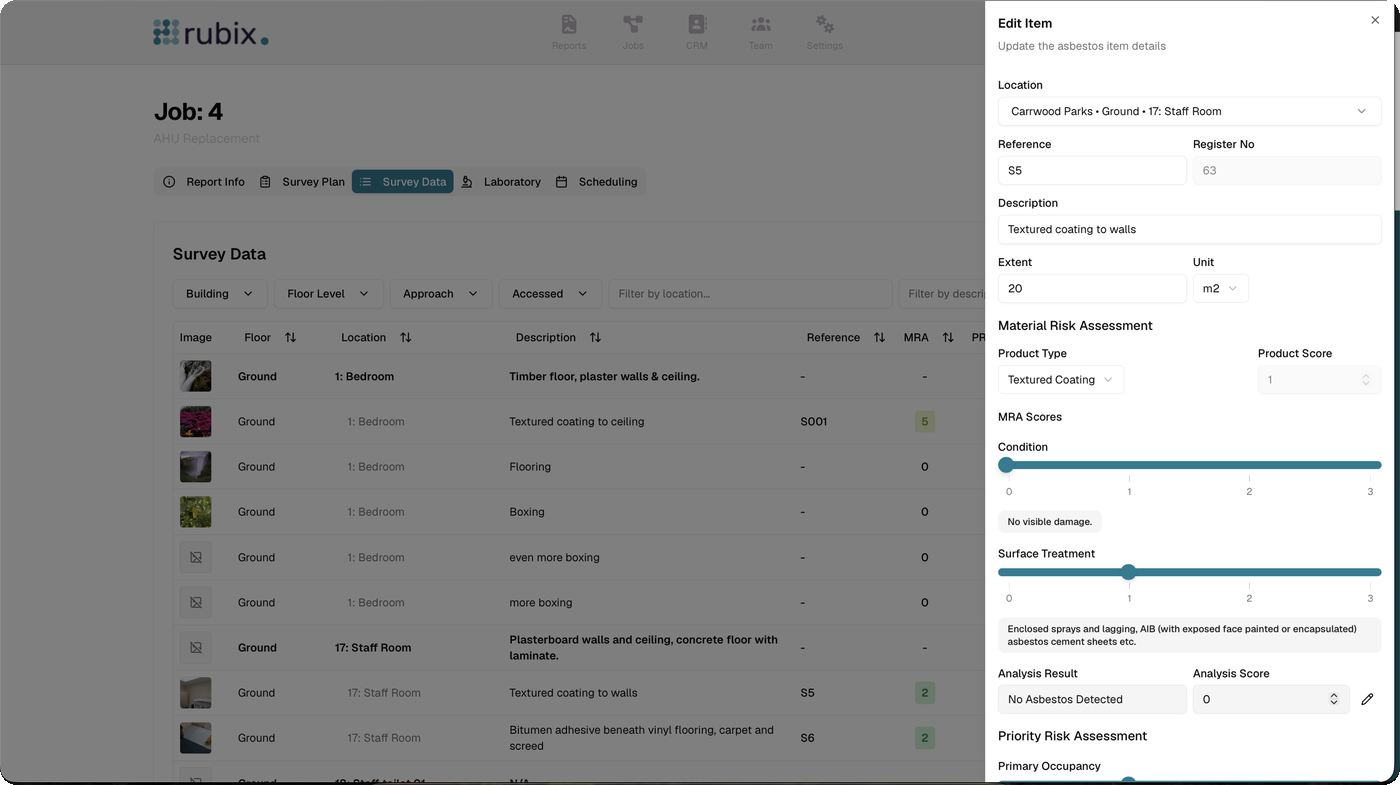 Survey data table in the web portal with an edit-item panel showing MRA condition and surface treatment sliders and the analysis result